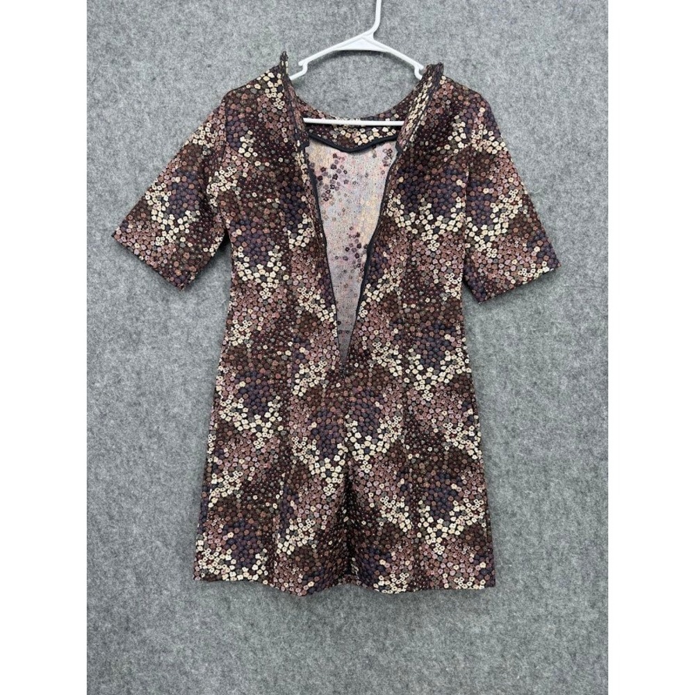 Zara Trafaluc Women Brown Floral Jacquard Short Sleeve A-Line Mini Dress Small - Picture 3 of 9